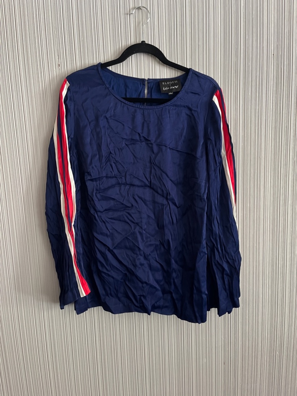 Eloquii Navy Long Sleeve Top with Red & White Sleeve Stripes